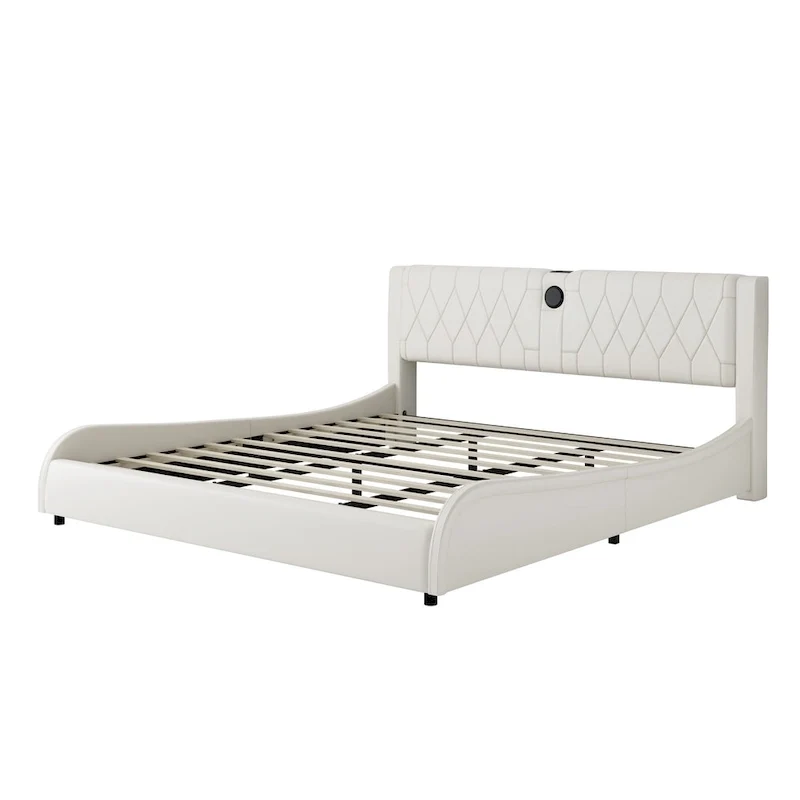 Cadre de lit King Size rembourré avec éclairage LED RVB et haut-parleurs Bluetooth Noir Blanc