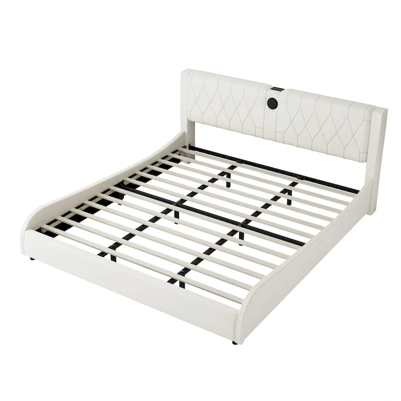 Cadre de lit King Size rembourré avec éclairage LED RVB et haut-parleurs Bluetooth Noir Blanc