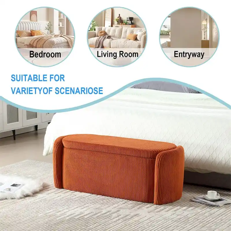 Banc de rangement capitonné en velours côtelé avec couvercle, pouf avec assise rembourrée douce, orange