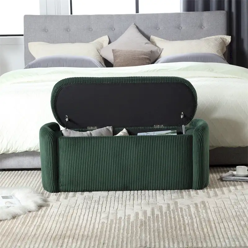 Banc de rangement capitonné en velours côtelé avec couvercle, pouf avec assise rembourrée douce, orange