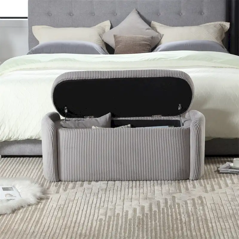 Banc de rangement capitonné en velours côtelé avec couvercle, pouf avec assise rembourrée douce, orange