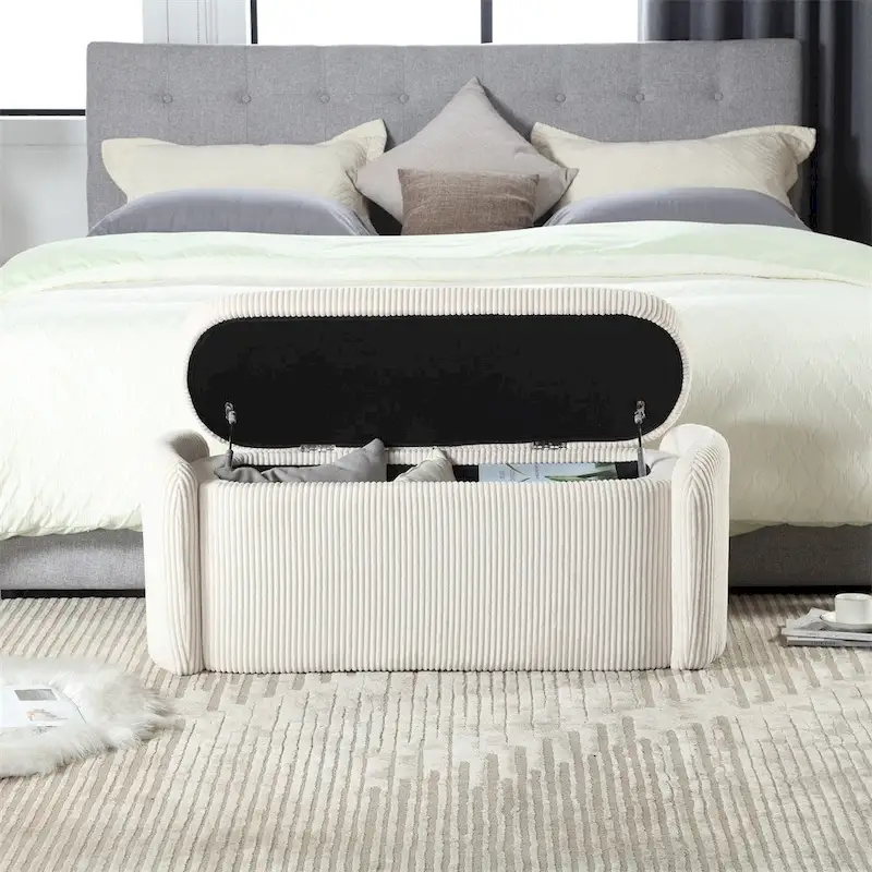 Banc de rangement capitonné en velours côtelé avec couvercle, pouf avec assise rembourrée douce, orange