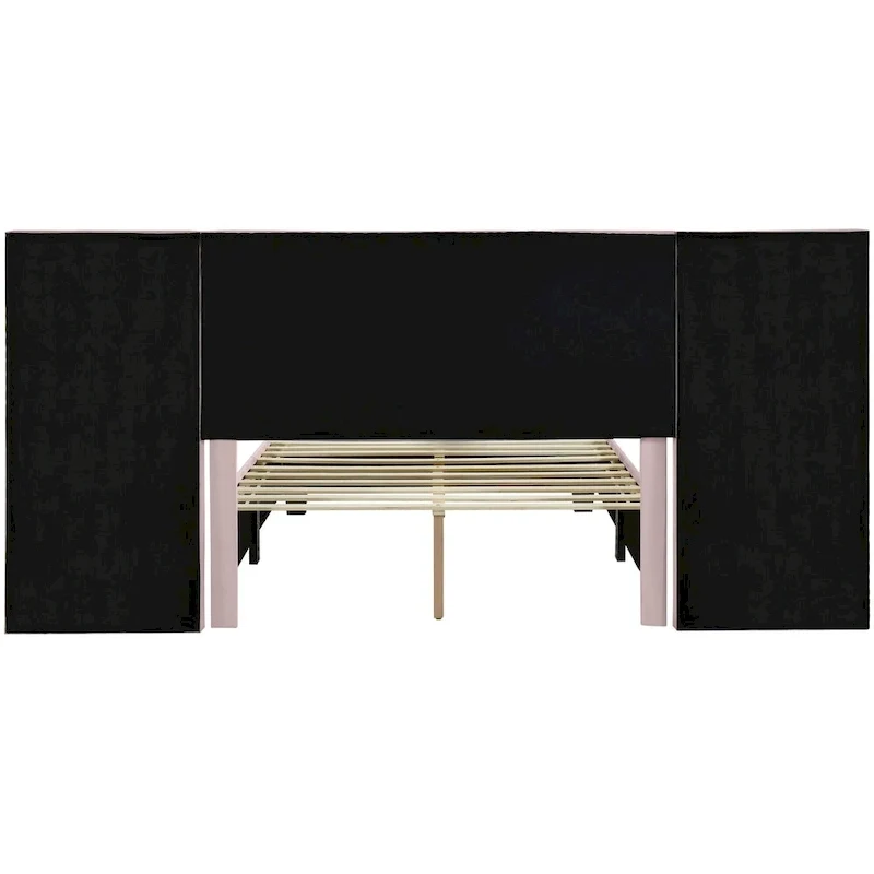 Lit plate-forme capitonné en velours rose avec tête de lit capitonnée surdimensionnée à chevrons et étagères latérales