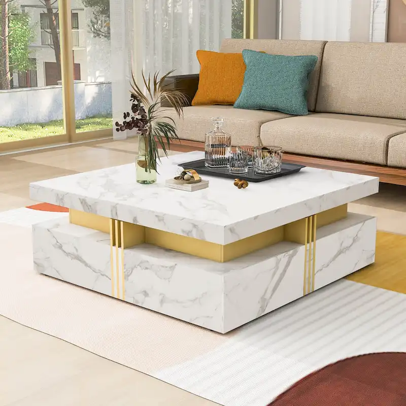 Table basse carrée en MDF noir et or avec 4 tiroirs pour salon moderne