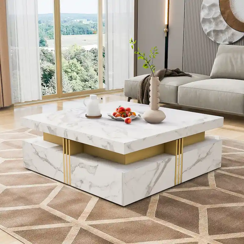 Table basse carrée en MDF noir et or avec 4 tiroirs pour salon moderne