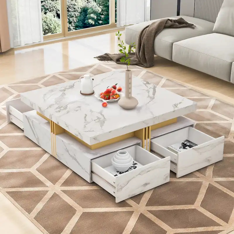 Table basse carrée en MDF noir et or avec 4 tiroirs pour salon moderne