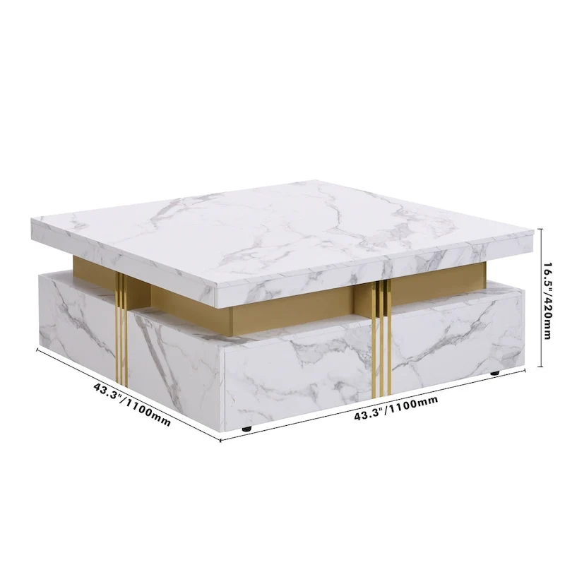 Table basse carrée en MDF noir et or avec 4 tiroirs pour salon moderne