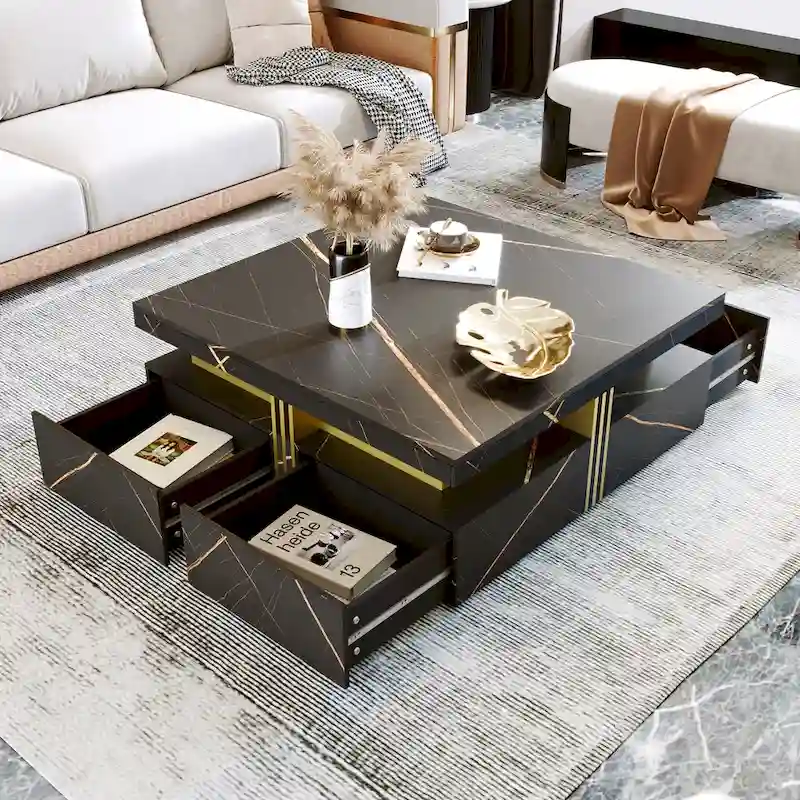 Table basse carrée en MDF noir et or avec 4 tiroirs pour salon moderne