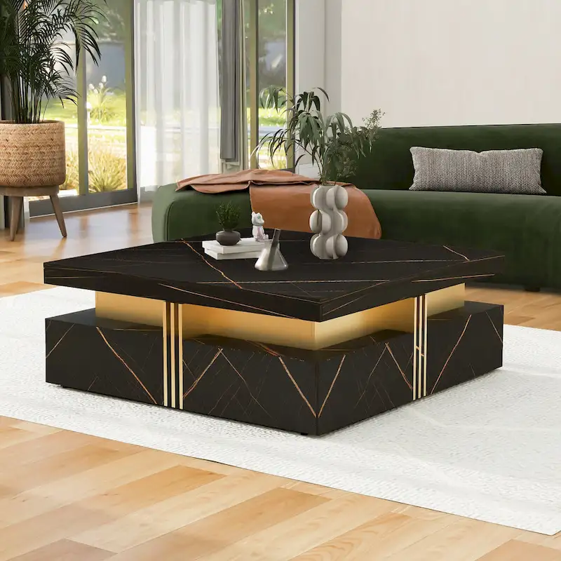 Table basse carrée en MDF noir et or avec 4 tiroirs pour salon moderne