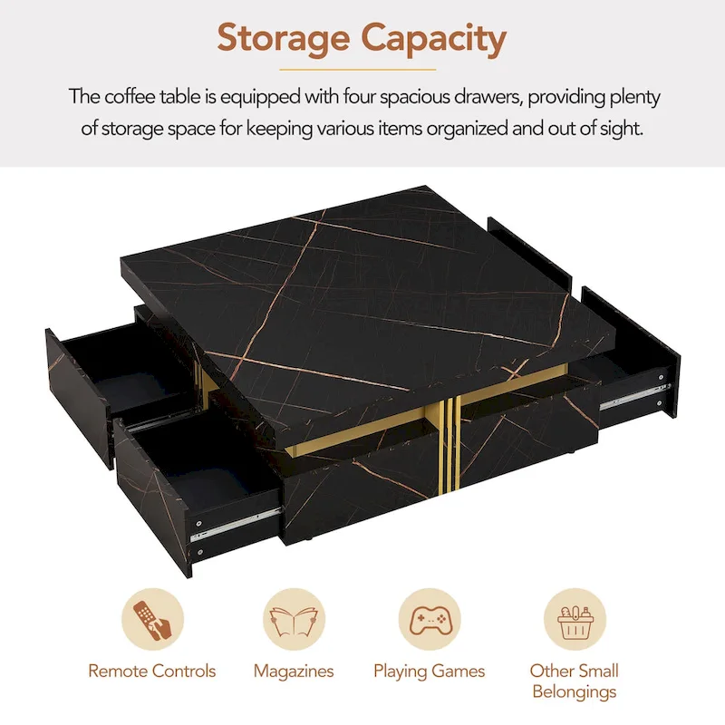 Table basse carrée en MDF noir et or avec 4 tiroirs pour salon moderne