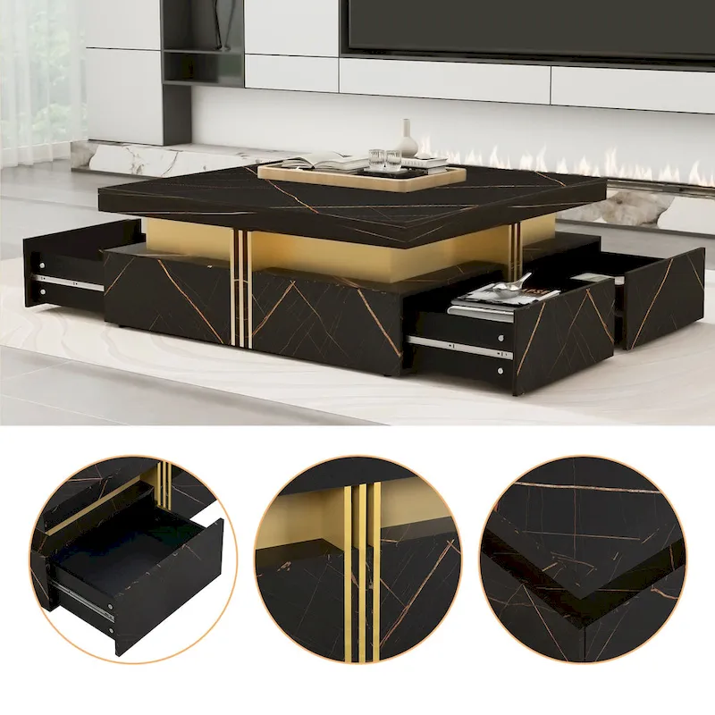Table basse carrée en MDF noir et or avec 4 tiroirs pour salon moderne