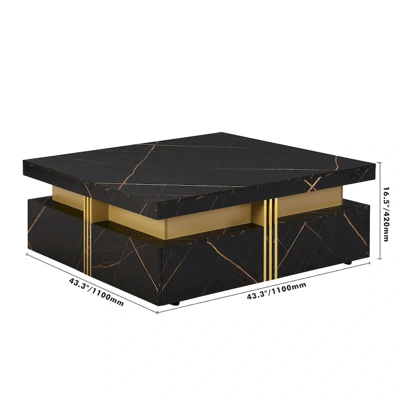 Table basse carrée en MDF noir et or avec 4 tiroirs pour salon moderne