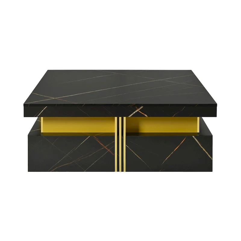 Table basse carrée en MDF noir et or avec 4 tiroirs pour salon moderne