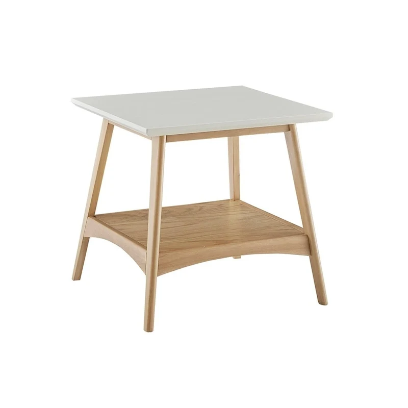Table d'appoint mi-siècle moderne avec étagère inférieure, bois naturel blanc cassé