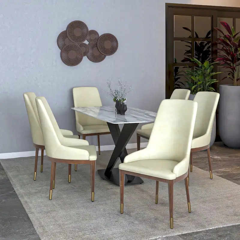 Chaise de salle à manger à dossier haut en cuir avec pieds en hévéa, gris foncé