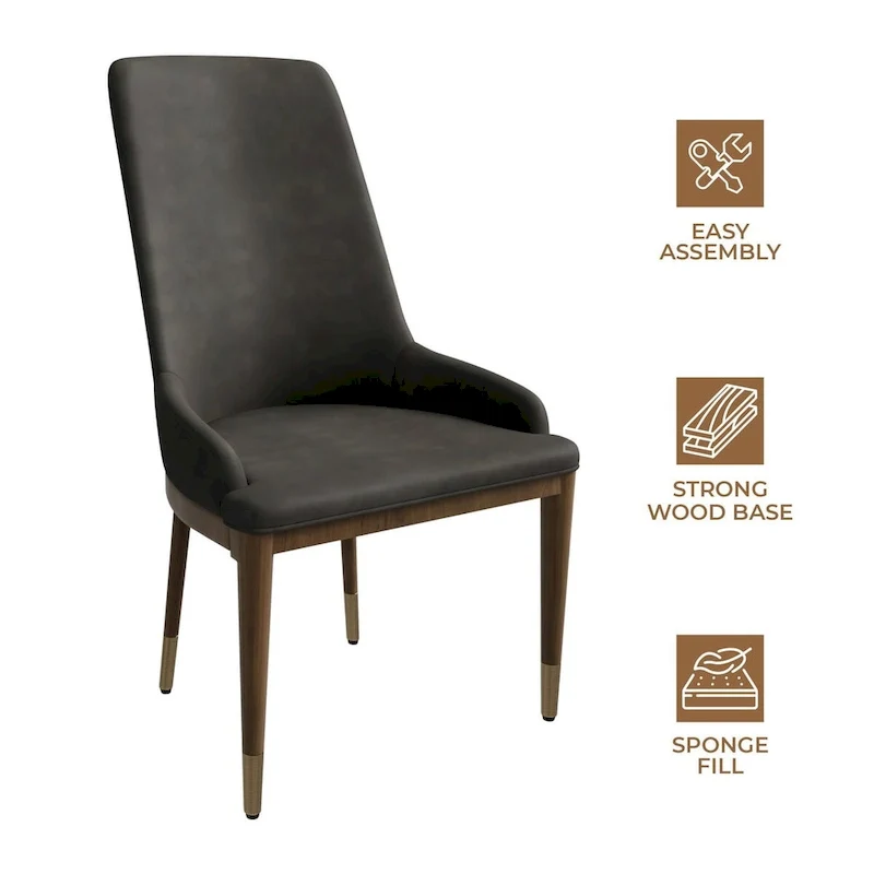 Chaise de salle à manger à dossier haut en cuir avec pieds en hévéa, gris foncé