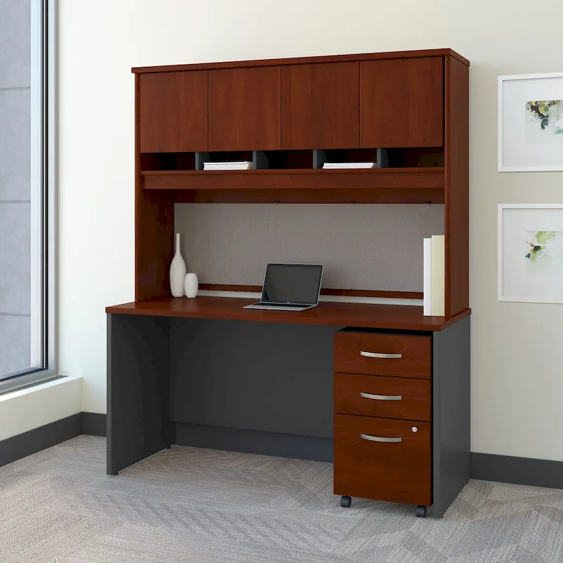 Bureau de 60 W avec huche et classeur mobile en merisier moka