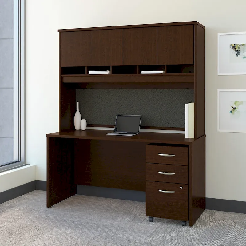 Bureau de 60 W avec huche et classeur mobile en merisier moka