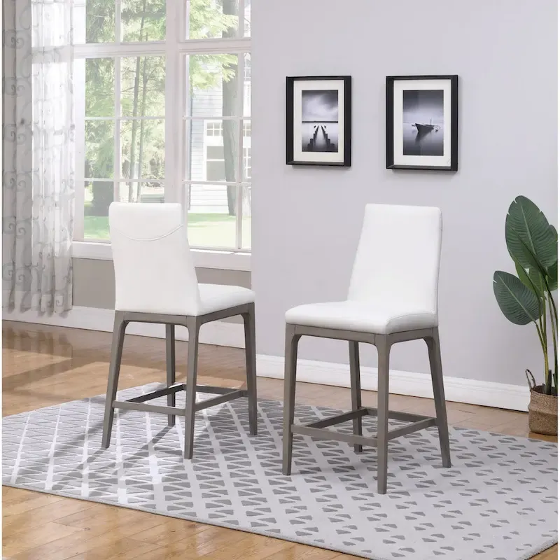 Tabouret de comptoir à dossier profilé en similicuir blanc avec pieds en bois massif
