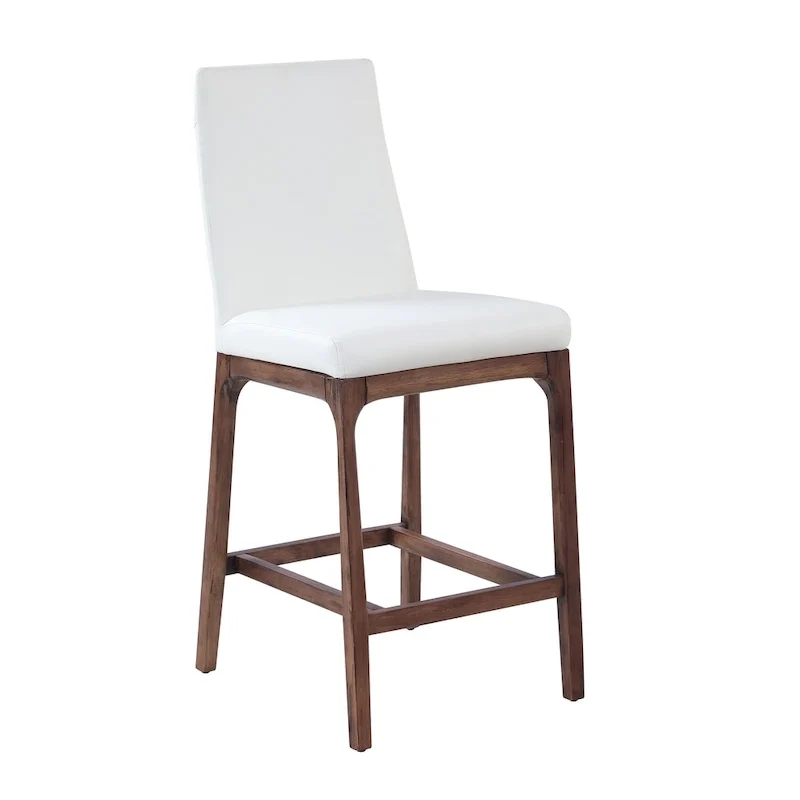 Tabouret de comptoir à dossier profilé en similicuir blanc avec pieds en bois massif