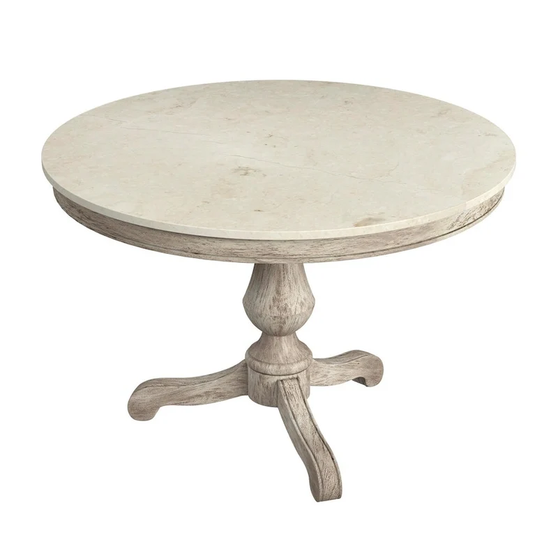 Table à manger ronde à plateau en marbre et pied en bois sculpté beige gris