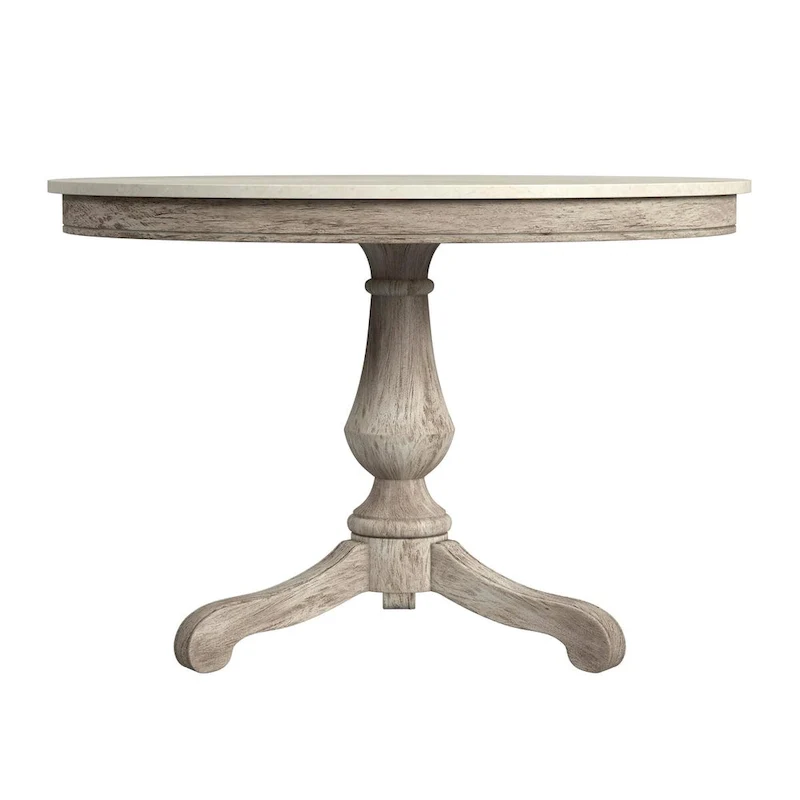 Table à manger ronde à plateau en marbre et pied en bois sculpté beige gris