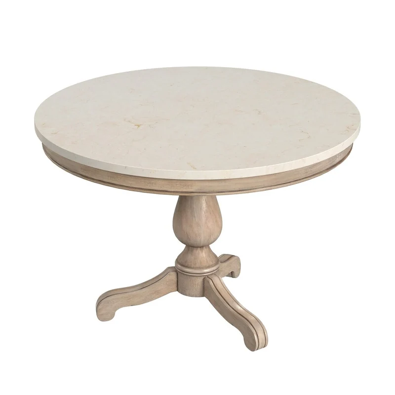 Table à manger ronde à plateau en marbre et pied en bois sculpté beige gris