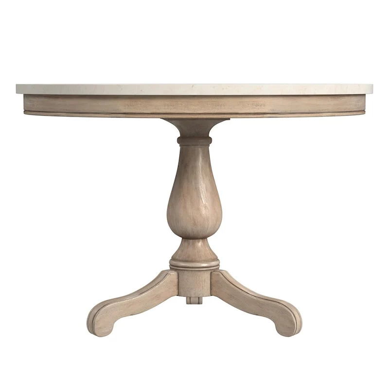 Table à manger ronde à plateau en marbre et pied en bois sculpté beige gris