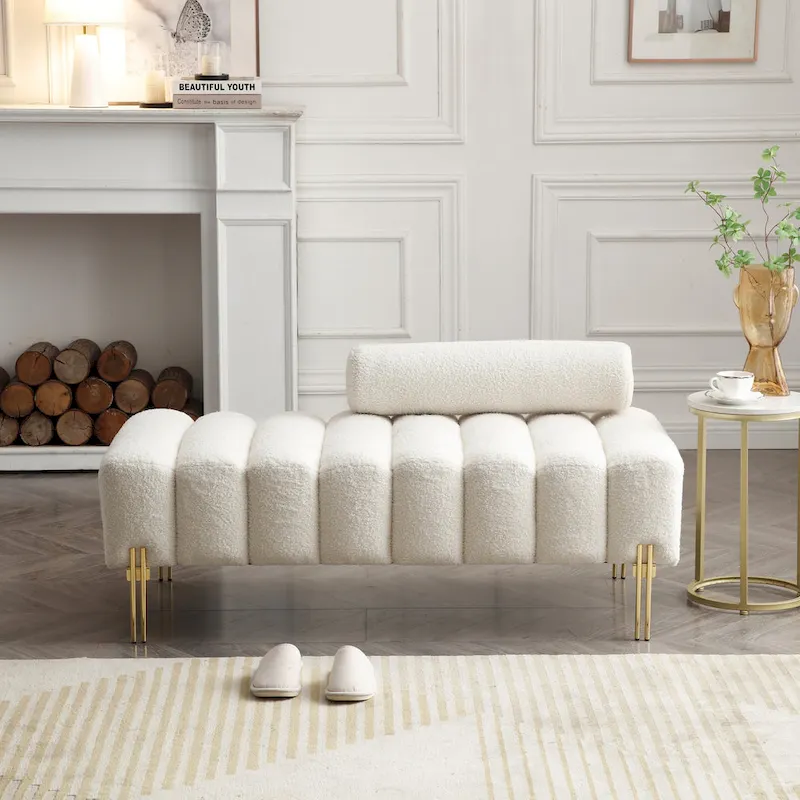 Banc de bout de lit rembourré en sherpa duveteux avec dossier réglable, Rose Beige
