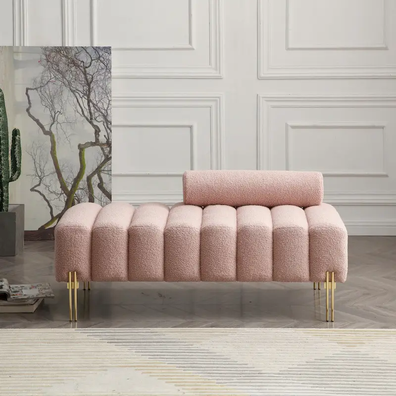 Banc de bout de lit rembourré en sherpa duveteux avec dossier réglable, Rose Beige