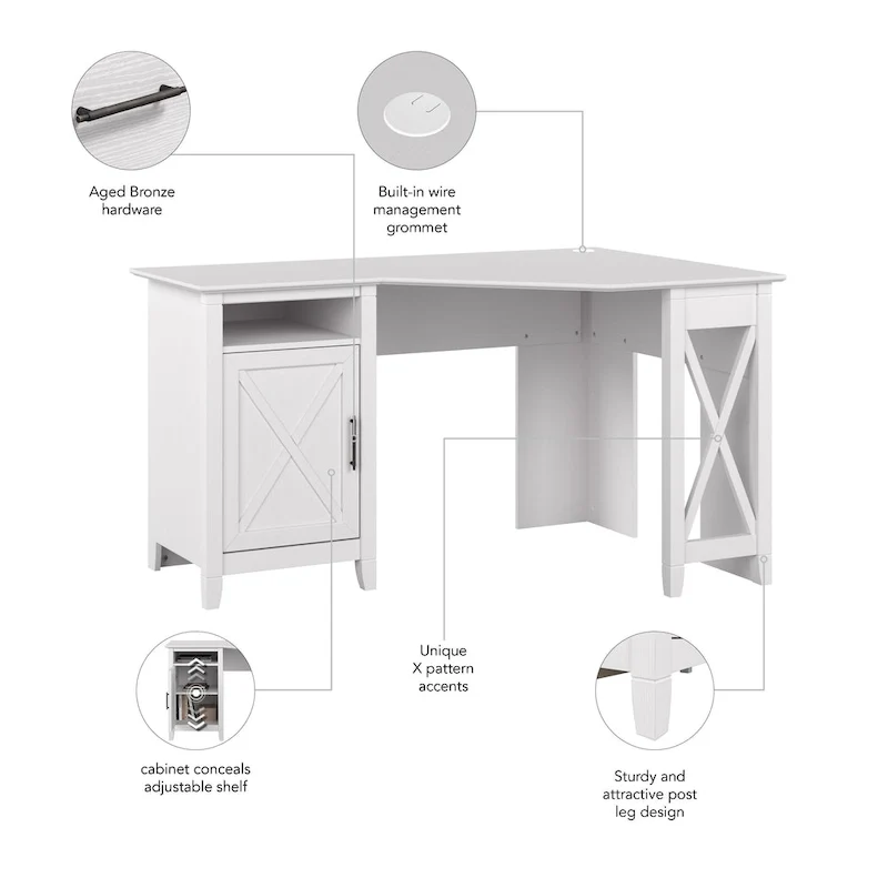 Bureau d'angle informatique 54W avec armoire de rangement et casier ouvert