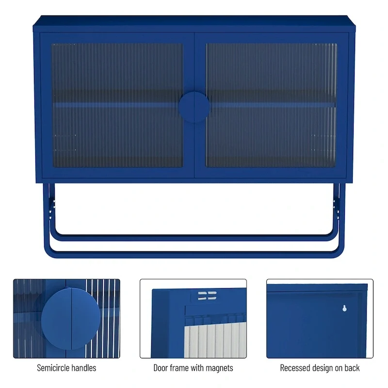 Buffet de rangement en métal bleu avec portes en verre cannelé et étagères réglables