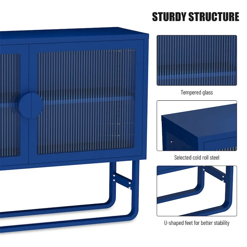 Buffet de rangement en métal bleu avec portes en verre cannelé et étagères réglables