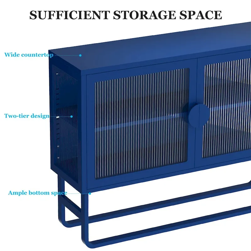 Buffet de rangement en métal bleu avec portes en verre cannelé et étagères réglables