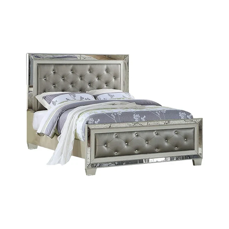 Cadre de lit Queen capitonné en similicuir gris platine avec miroir incrusté