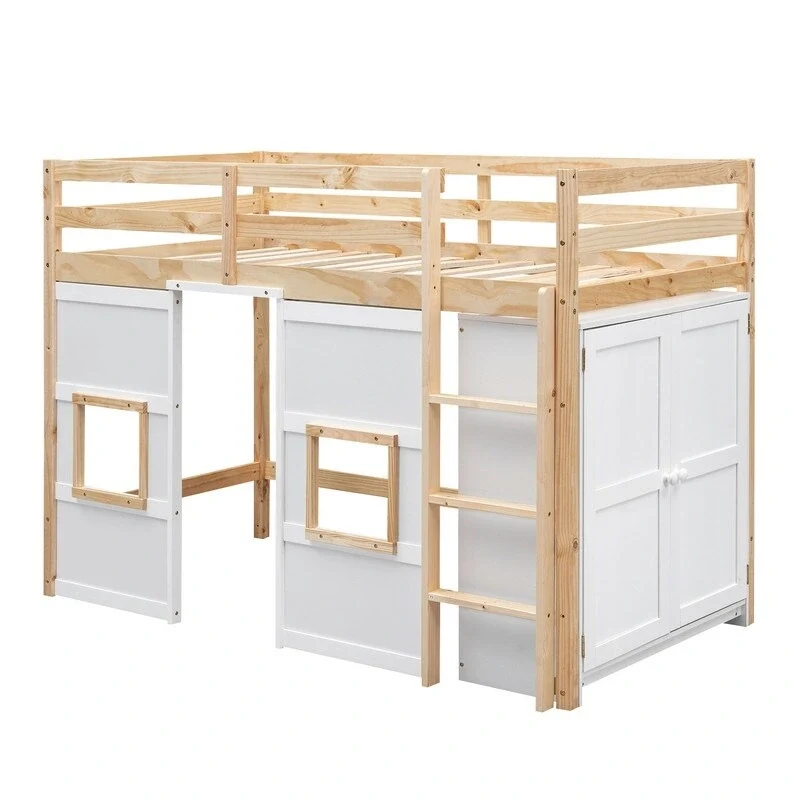 Lit mezzanine en bois de pin naturel avec armoire de rangement, fenêtres, blanc gris pour enfants