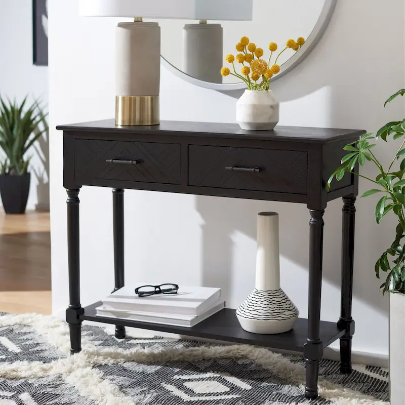 Console 2 tiroirs avec motif à chevrons et étagère inférieure ouverte