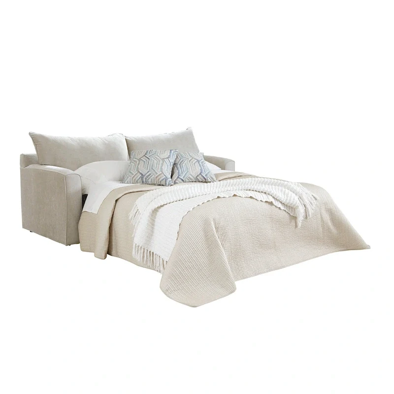 Canapé-lit en tissu gris avec matelas en mousse à mémoire de forme et coussins décoratifs