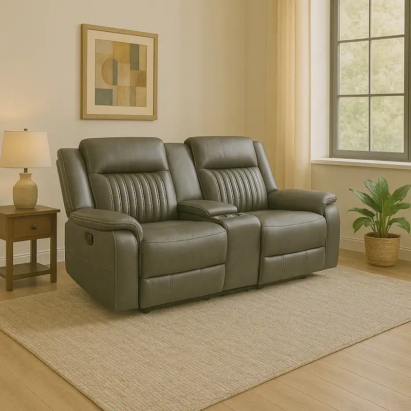 Causeuse inclinable manuelle double en polyester gris avec console centrale porte-gobelet
