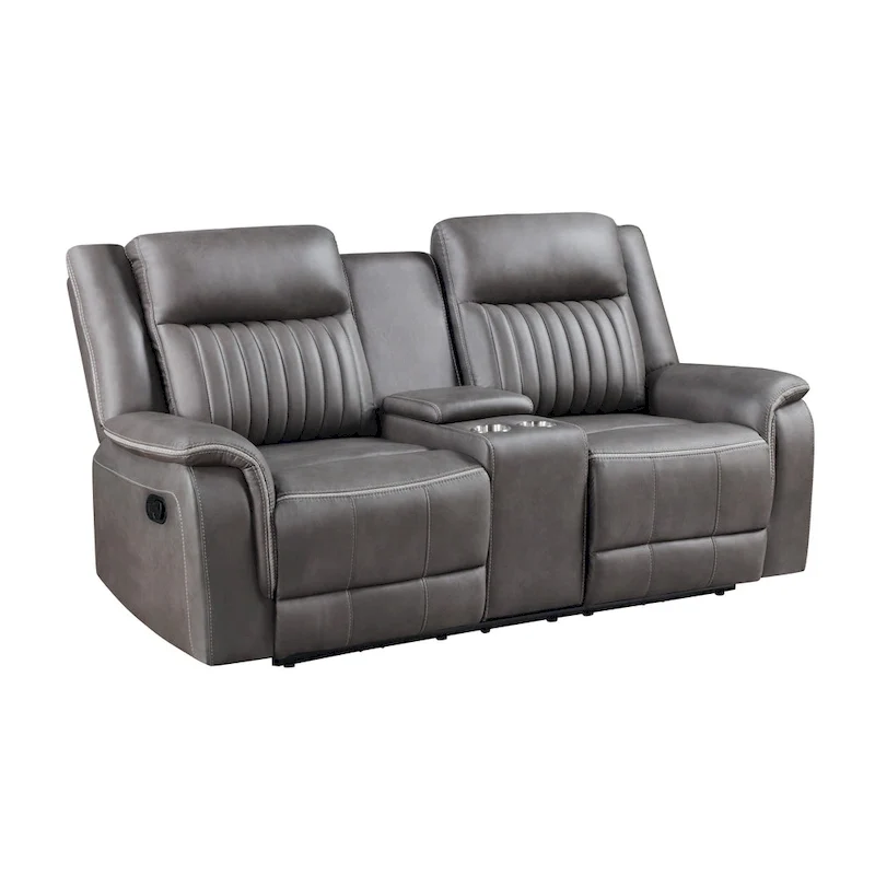 Causeuse inclinable manuelle double en polyester gris avec console centrale porte-gobelet