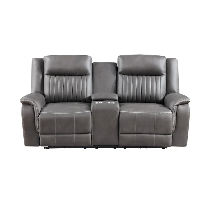 Causeuse inclinable manuelle double en polyester gris avec console centrale porte-gobelet