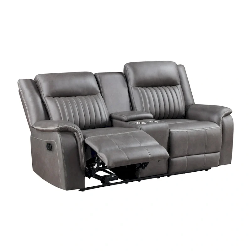 Causeuse inclinable manuelle double en polyester gris avec console centrale porte-gobelet