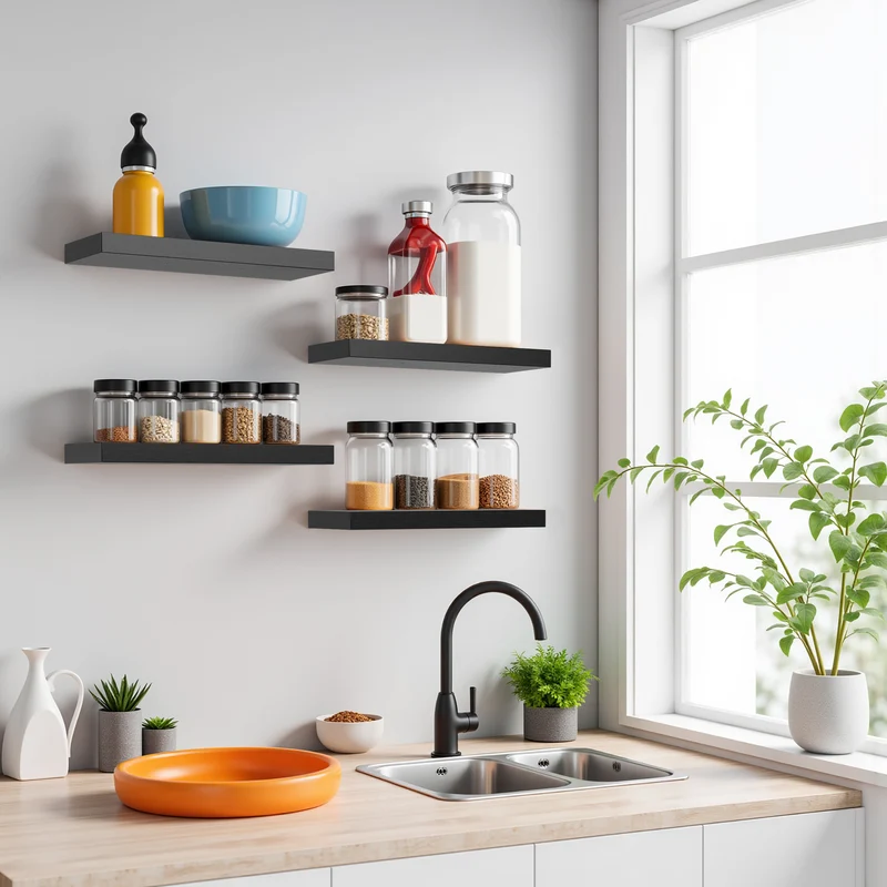 Lot de 4 étagères murales flottantes pour chambre, salon et cuisine - Noir/Blanc/Couleur feu