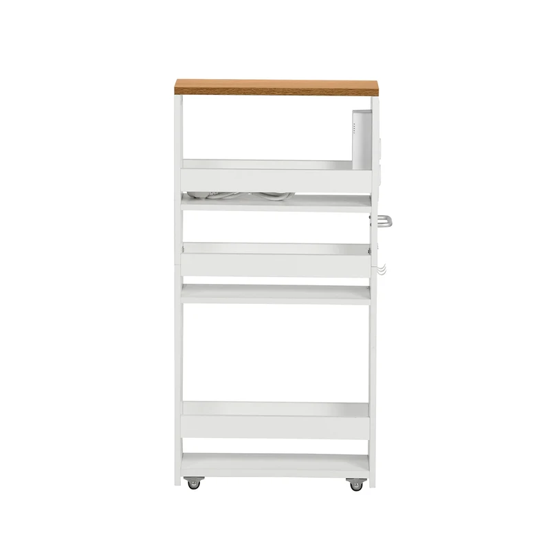 Chariot de rangement étroit blanc à 4 niveaux avec multiprise et roulettes – GOODE Organiseur de cuisine et de salle de bain