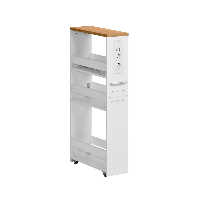 Chariot de rangement étroit blanc à 4 niveaux avec multiprise et roulettes – GOODE Organiseur de cuisine et de salle de bain