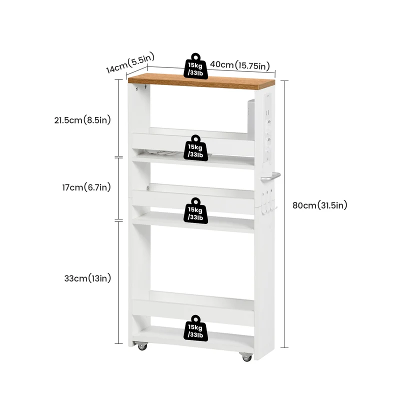 Chariot de rangement étroit blanc à 4 niveaux avec multiprise et roulettes – GOODE Organiseur de cuisine et de salle de bain