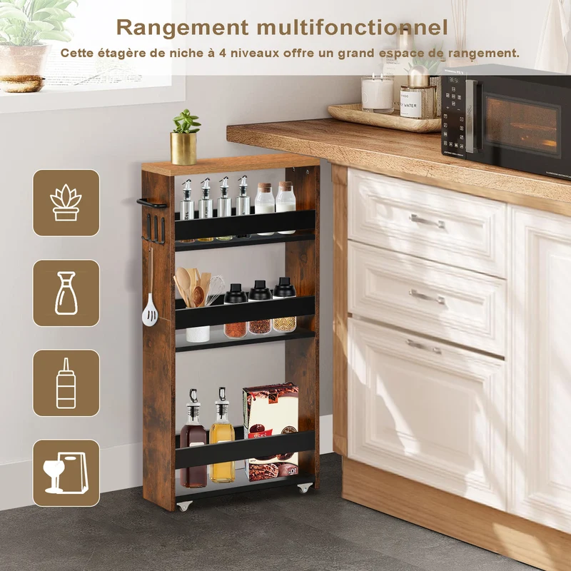 Chariot de rangement étroit à roulettes à 4 niveaux, design fin pour cuisine - Couleur feu/Blanc - ENTIAT