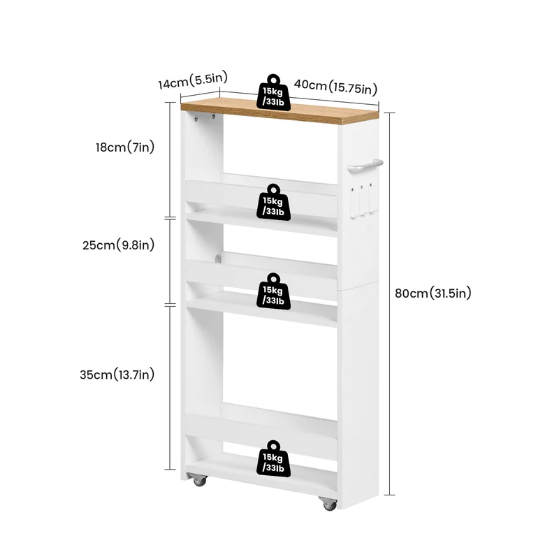Chariot de rangement étroit à roulettes à 4 niveaux, design fin pour cuisine - Couleur feu/Blanc - ENTIAT