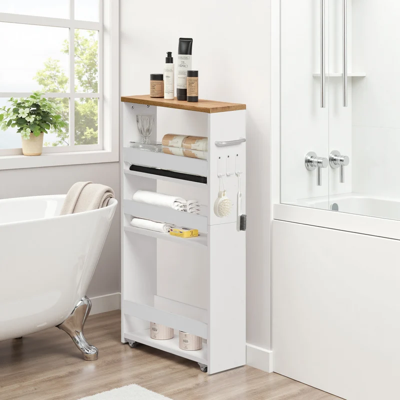 Chariot de rangement étroit à roulettes à 4 niveaux, design fin pour cuisine - Couleur feu/Blanc - ENTIAT
