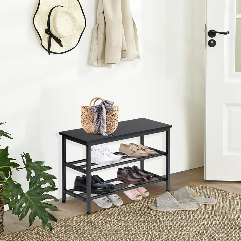 Étagère à chaussures à 3 niveaux, banc à chaussures, étagère de salle de bain avec siège, noir - QUEETS
